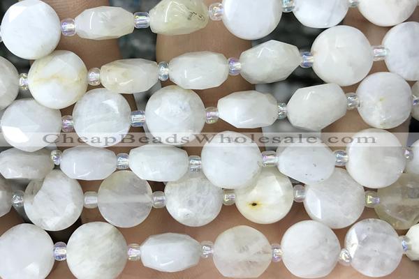 COIN22 15 inches 10mm faceted coin white moonstone beads