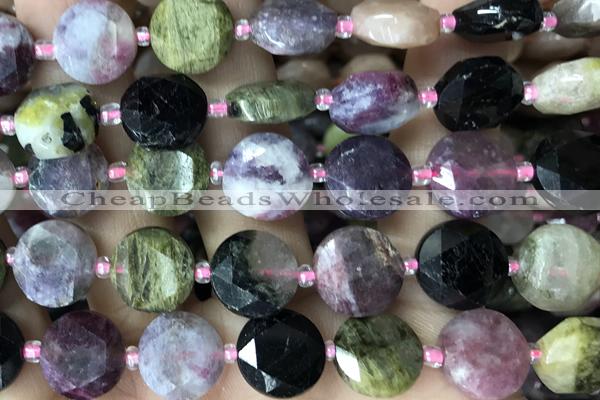 COIN88 15 inches 12mm faceted coin tourmaline gemstone beads