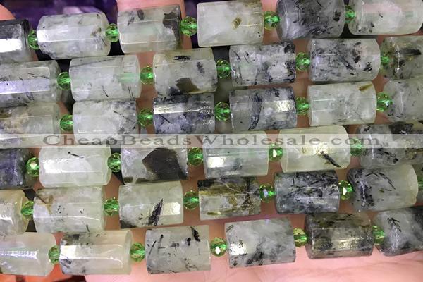 TUBE84 15 inches 10*14mm faceted tube green rutilated quartz beads