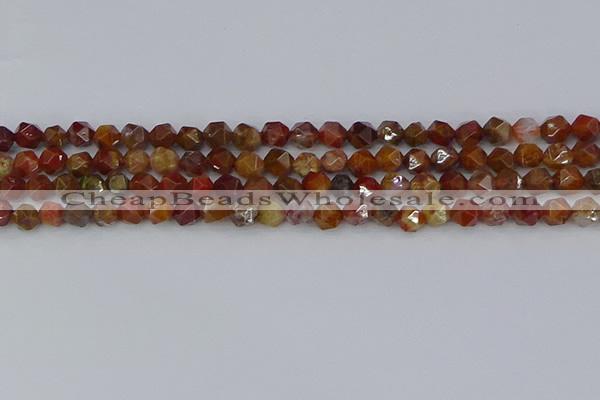 CAA1000 15.5 inches 6mm faceted nuggets red moss agate beads