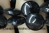 CAA2526 15.5 inches 10mm flat round black agate beads wholesale