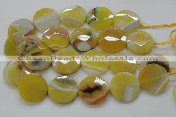 CAA328 15.5 inches 35mm faceted coin yellow line agate beads