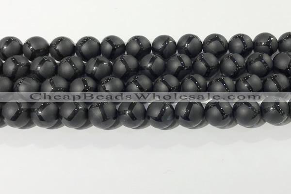 CAA3657 15.5 inches 10mm round matte & carved black agate beads