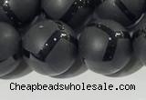 CAA3658 15.5 inches 12mm round matte & carved black agate beads