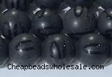 CAA3661 15.5 inches 8mm round matte & carved black agate beads