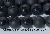 CAA3665 15.5 inches 6mm round matte & carved black agate beads