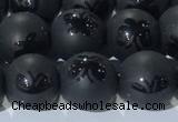 CAA3666 15.5 inches 8mm round matte & carved black agate beads