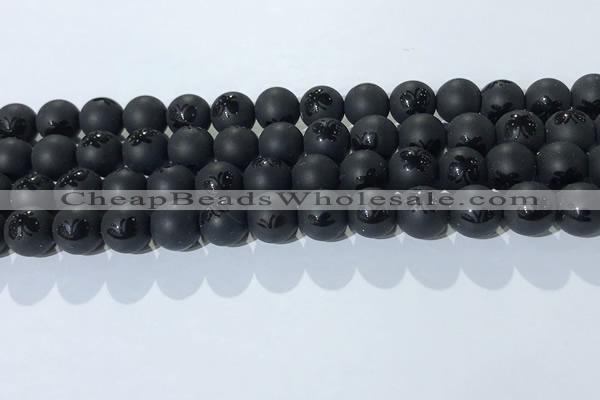 CAA3666 15.5 inches 8mm round matte & carved black agate beads