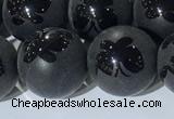 CAA3668 15.5 inches 12mm round matte & carved black agate beads