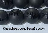 CAA3671 15.5 inches 8mm round matte & carved black agate beads