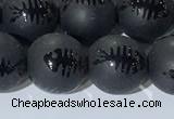 CAA3672 15.5 inches 10mm round matte & carved black agate beads