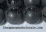 CAA3673 15.5 inches 12mm round matte & carved black agate beads