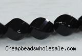 CAB337 15.5 inches 15*20mm faceted & twisted rice black agate beads