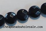 CAB810 15.5 inches 14mm faceted coin black gemstone agate beads