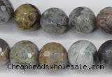 CAG1425 15.5 inches 14mm faceted round silver needle agate beads