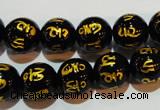 CAG3374 15.5 inches 12mm carved round black agate beads wholesale