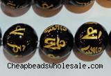 CAG3376 15.5 inches 16mm carved round black agate beads wholesale