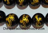 CAG3382 15.5 inches 14mm carved round black agate beads wholesale