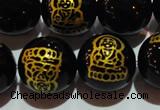 CAG3387 15.5 inches 14mm carved round black agate beads wholesale