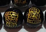 CAG3388 15.5 inches 16mm carved round black agate beads wholesale