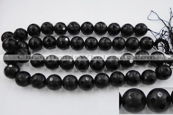 CAG3676 15.5 inches 18mm carved round matte black agate beads