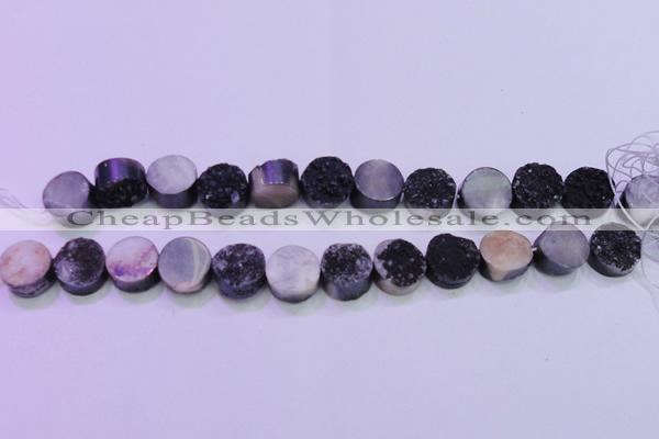 CAG8377 7.5 inches 18mm coin black plated druzy agate beads