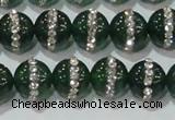 CAG8621 15.5 inches 10mm round green agate with rhinestone beads