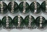 CAG8622 15.5 inches 12mm round green agate with rhinestone beads