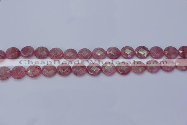 CBQ459 15.5 inches 10mm faceted coin strawberry quartz beads