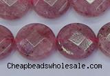 CBQ461 15.5 inches 14mm faceted coin strawberry quartz beads