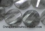 CCQ143 15.5 inches 20mm faceted & twisted coin cloudy quartz beads