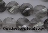 CCQ273 15.5 inches 15mm faceted & twisted coin cloudy quartz beads