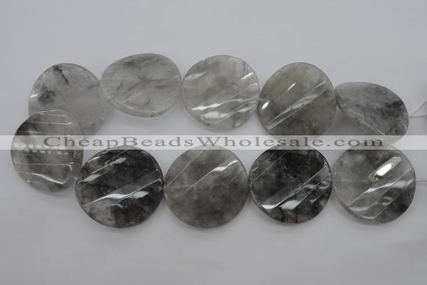 CCQ277 15.5 inches 40mm faceted & twisted coin cloudy quartz beads