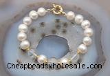 CFB1020 Hand-knotted 9mm - 10mm potato white freshwater pearl & white crystal bracelet