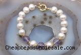 CFB1021 Hand-knotted 9mm - 10mm potato white freshwater pearl & amethyst bracelet