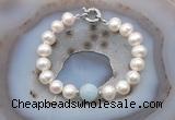 CFB1022 Hand-knotted 9mm - 10mm potato white freshwater pearl & aquamarine bracelet