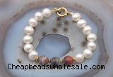 CFB1032 Hand-knotted 9mm - 10mm potato white freshwater pearl & botswana agate bracelet