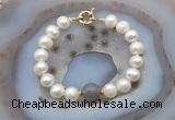 CFB1035 Hand-knotted 9mm - 10mm potato white freshwater pearl & grey agate bracelet