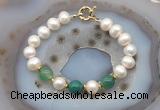 CFB1040 Hand-knotted 9mm - 10mm potato white freshwater pearl & green banded agate bracelet