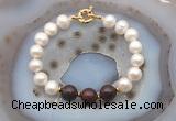 CFB1047 Hand-knotted 9mm - 10mm potato white freshwater pearl & brecciated jasper bracelet