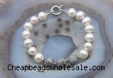 CFB1048 Hand-knotted 9mm - 10mm potato white freshwater pearl & grey picture jasper bracelet