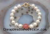 CFB1055 Hand-knotted 9mm - 10mm potato white freshwater pearl & cherry quartz bracelet