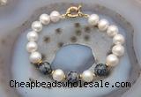 CFB1058 Hand-knotted 9mm - 10mm potato white freshwater pearl & snowflake obsidian bracelet