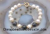 CFB1061 Hand-knotted 9mm - 10mm potato white freshwater pearl & black labradorite bracelet