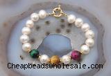 CFB1074 Hand-knotted 9mm - 10mm potato white freshwater pearl & colorful tiger eye bracelet