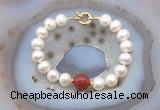 CFB1078 Hand-knotted 9mm - 10mm potato white freshwater pearl & red agate bracelet