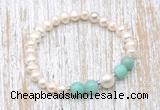 CFB615 6-7mm potato white freshwater pearl & amazonite stretchy bracelet