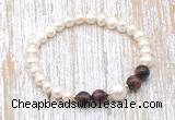 CFB619 6-7mm potato white freshwater pearl & red tiger eye stretchy bracelet