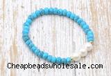 CFB704 faceted rondelle turquoise & potato white freshwater pearl stretchy bracelet