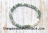 CFB716 faceted rondelle Qinghai jade & potato white freshwater pearl stretchy bracelet